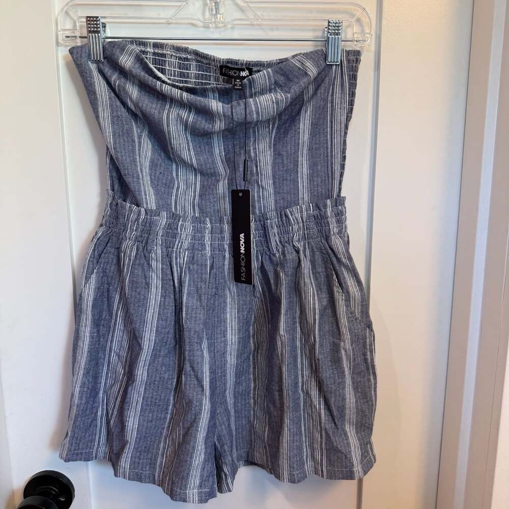 Brand New Linen Romper Size M Blue Striped Bandeau